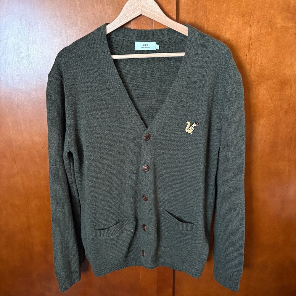 OLOW BY SIMON LANDREIN Esquilo Olive Green Wool Cardigan Mens Size Large